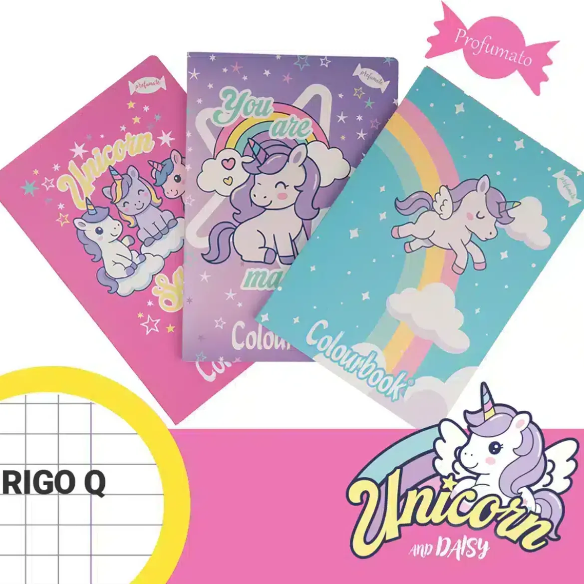 Set 3 quaderni profumati A4 Unicorn and Daisy Rigo Q – Quadretti 5mm con margine