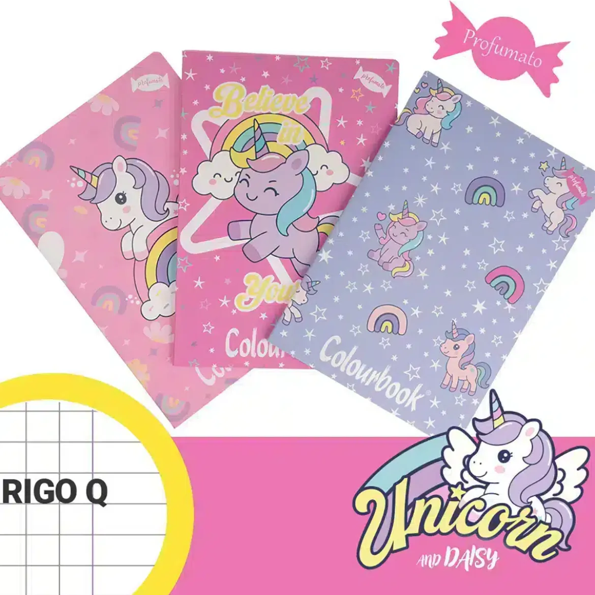 Set 3 quaderni profumati A4 Unicorn and Daisy Rigo Q – Quadretti 5mm con margine