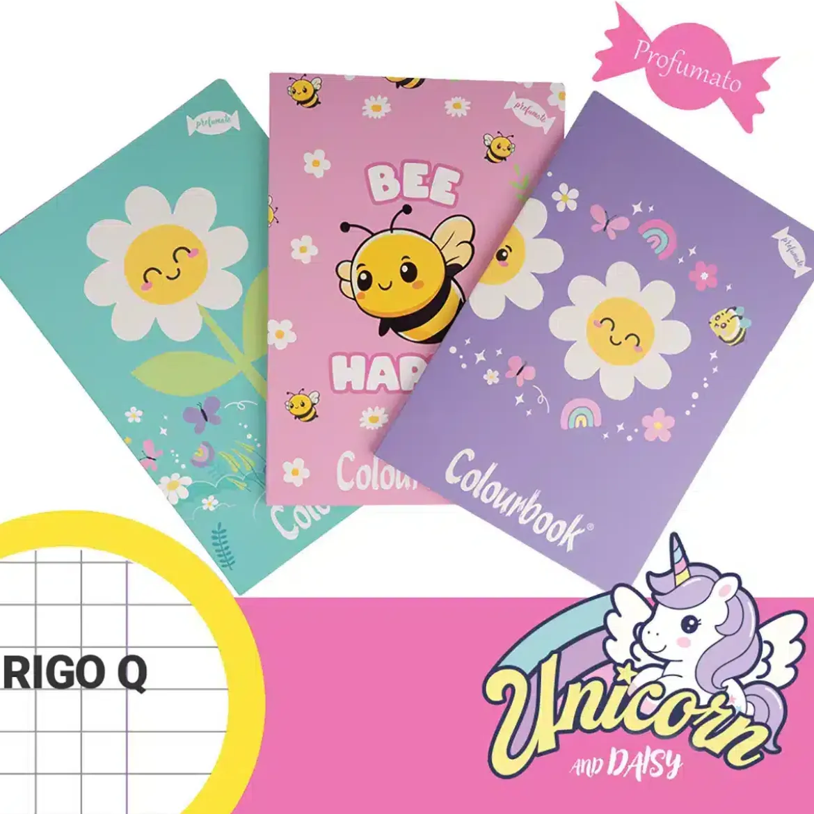 Set 3 quaderni profumati A4 Unicorn and Daisy Rigo Q – Quadretti 5mm con margine