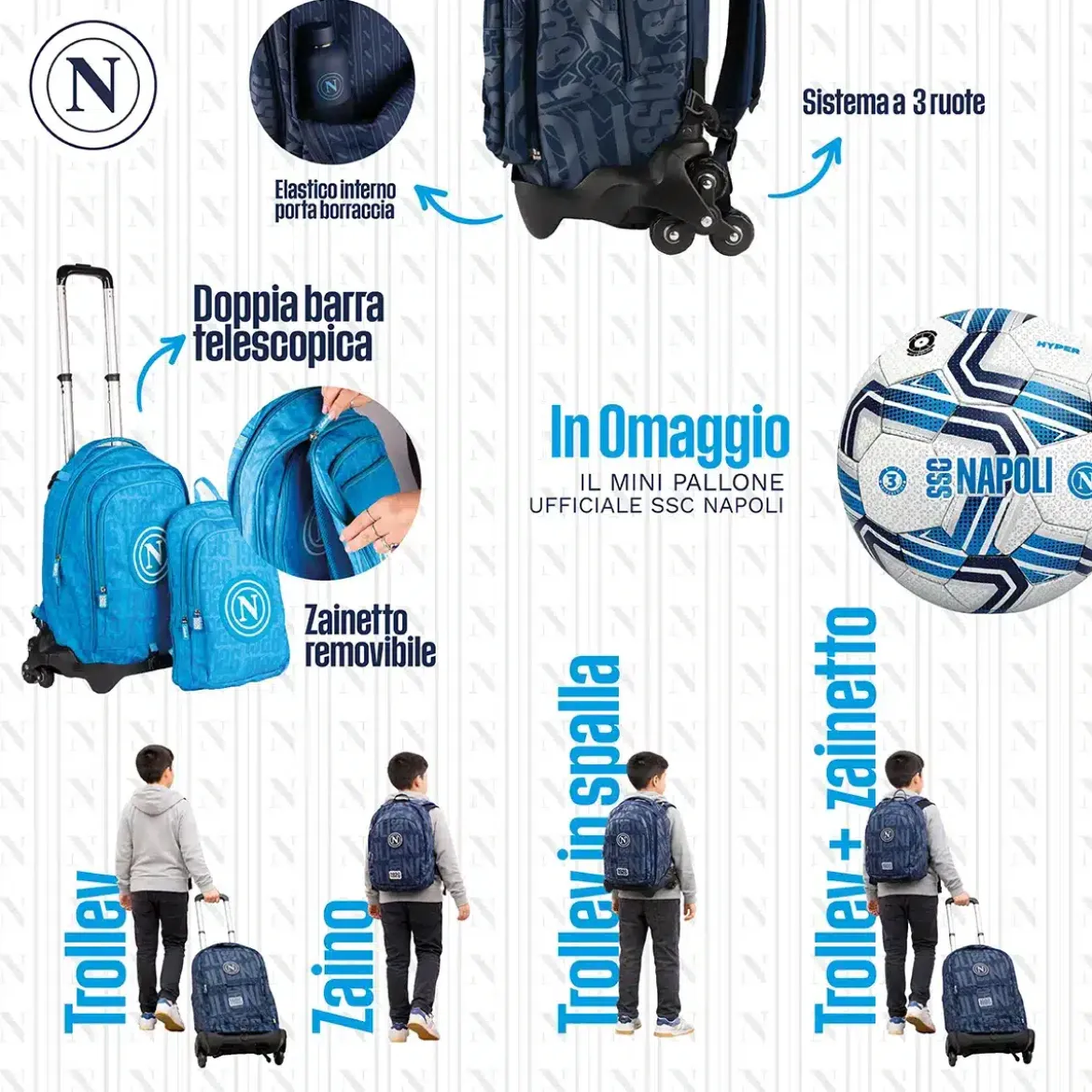 Trolley scuola SSC Napoli 37 litri con pallone ufficiale omaggio